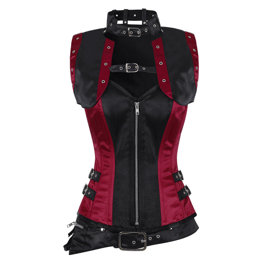 Black Gothic Pattern Leather Overbust Steampunk Corset with Shrug